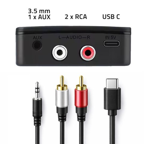 Qoltec Bezprzewodowy transmiter odbiornik Audio HiFi Home&Car| Bluetooth 6.0 | NFC | 2 x RCA | 1 x AUX MiniJack 3.5mm| Mikrofon