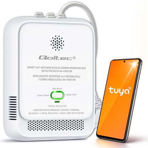 Qoltec Certyfikowany Czujnik 2w1 wycieku gazu ziemnego i tlenku węgla (czadu) | detektor CH4 | CO | NG | Tuya | Wi-Fi | alarm 85