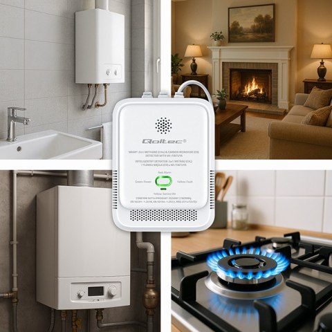 Qoltec Certyfikowany Czujnik 2w1 wycieku gazu ziemnego i tlenku węgla (czadu) | detektor CH4 | CO | NG | Tuya | Wi-Fi | alarm 85
