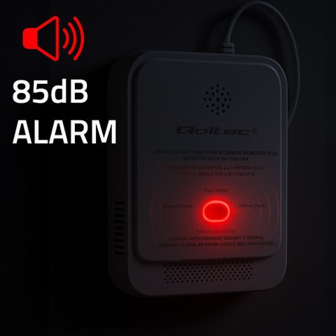 Qoltec Certyfikowany Czujnik 2w1 wycieku gazu ziemnego i tlenku węgla (czadu) | detektor CH4 | CO | NG | Tuya | Wi-Fi | alarm 85