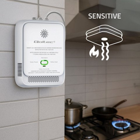 Qoltec Certyfikowany Czujnik 2w1 wycieku gazu ziemnego i tlenku węgla (czadu) | detektor CH4 | CO | NG | Tuya | Wi-Fi | alarm 85