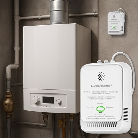 Qoltec Certyfikowany Czujnik 2w1 wycieku gazu ziemnego i tlenku węgla (czadu) | detektor CH4 | CO | NG | Tuya | Wi-Fi | alarm 85