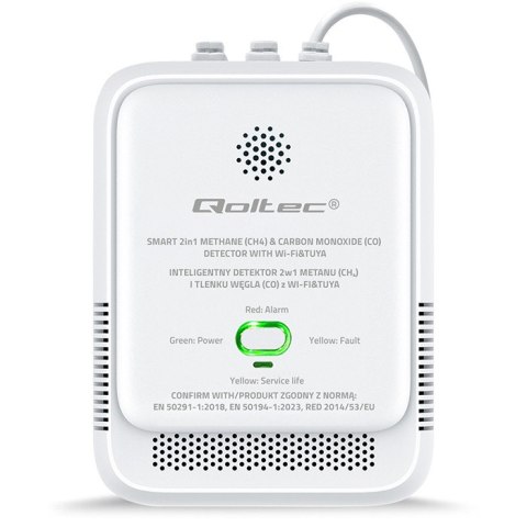 Qoltec Certyfikowany Czujnik 2w1 wycieku gazu ziemnego i tlenku węgla (czadu) | detektor CH4 | CO | NG | Tuya | Wi-Fi | alarm 85