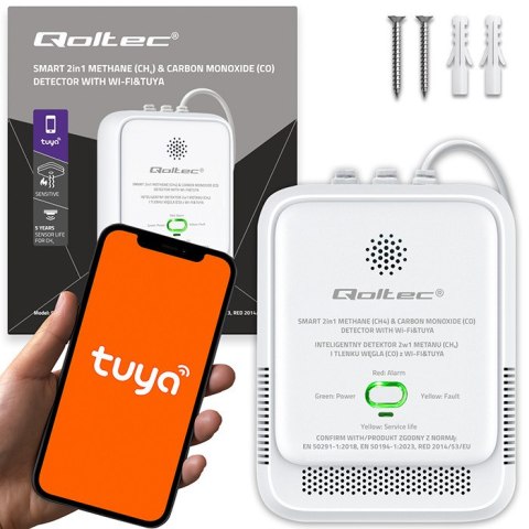 Qoltec Certyfikowany Czujnik 2w1 wycieku gazu ziemnego i tlenku węgla (czadu) | detektor CH4 | CO | NG | Tuya | Wi-Fi | alarm 85