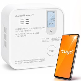 Qoltec Certyfikowany bezprzewodowy Czujnik tlenku węgla (czadu) z baterią | detektor CO | TUYA | Wi-fi | żywotność sensora 10 la