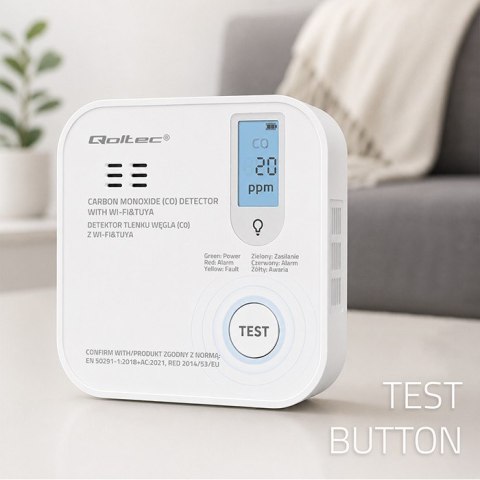 Qoltec Certyfikowany bezprzewodowy Czujnik tlenku węgla (czadu) z baterią | detektor CO | TUYA | Wi-fi | żywotność sensora 10 la