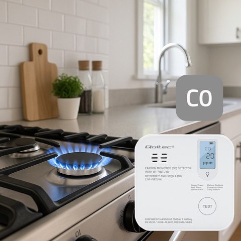 Qoltec Certyfikowany bezprzewodowy Czujnik tlenku węgla (czadu) z baterią | detektor CO | TUYA | Wi-fi | żywotność sensora 10 la