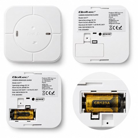 Qoltec Certyfikowany bezprzewodowy Czujnik tlenku węgla (czadu) z baterią | detektor CO | TUYA | Wi-fi | żywotność sensora 10 la