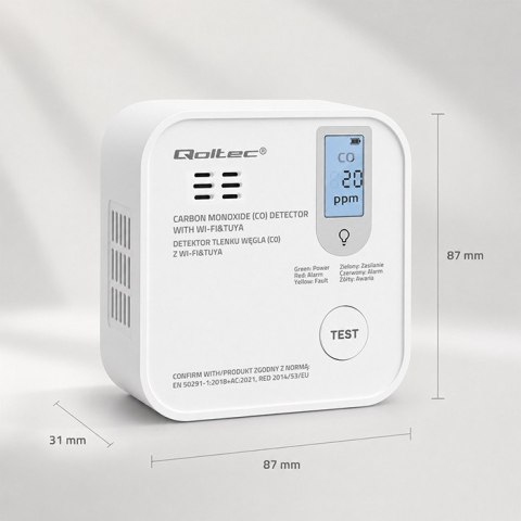 Qoltec Certyfikowany bezprzewodowy Czujnik tlenku węgla (czadu) z baterią | detektor CO | TUYA | Wi-fi | żywotność sensora 10 la