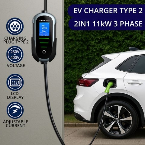 Qoltec Mobilna ładowarka do samochodu elektrycznego EV i hybryd z regulacją 2w1 Typ2 | 11kW | 400V | CEE 16A | Wi-fi | TUYA | SM