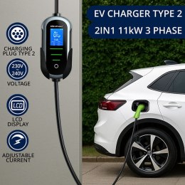 Qoltec Mobilna ładowarka do samochodu elektrycznego EV i hybryd z regulacją 2w1 Typ2 | 11kW | 400V | CEE 32A | Wi-fi | TUYA | SM