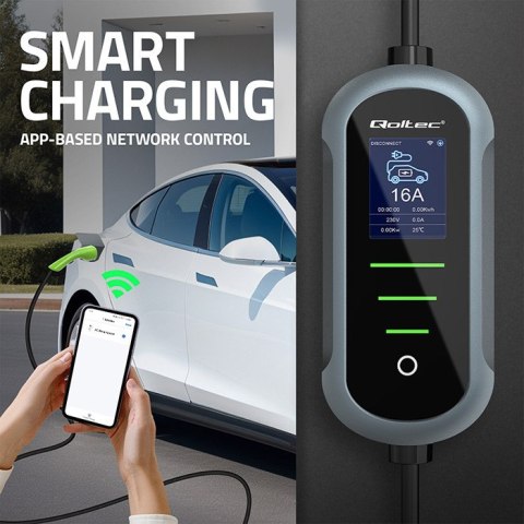 Qoltec Mobilna ładowarka do samochodu elektrycznego EV i hybryd z regulacją 2w1 Typ2 | 11kW | 400V | CEE 32A | Wi-fi | TUYA | SM