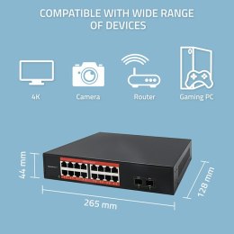 Qoltec Przełącznik sieciowy SWITCH Gigabit Ethernet | 16x RJ45 | 2x SFP | 1000 Mb/s