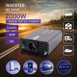 Qoltec Przetwornica napięcia MS Wave | 12V na 230V | 1000/2000W | USB | Kompatybilna z LiFePO4 GEL AGM