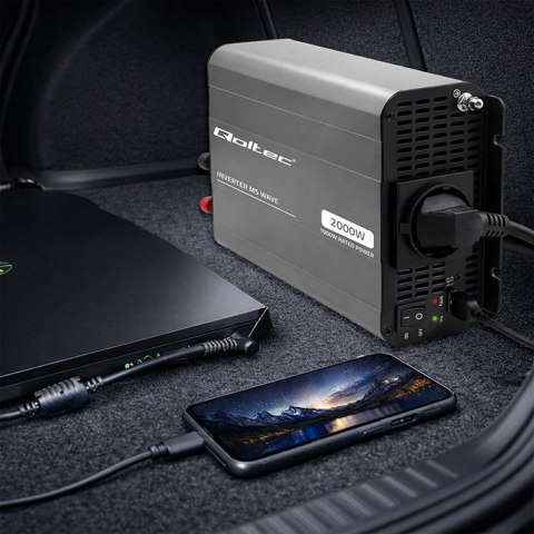 Qoltec Przetwornica napięcia MS Wave | 12V na 230V | 1000/2000W | USB | Kompatybilna z LiFePO4 GEL AGM
