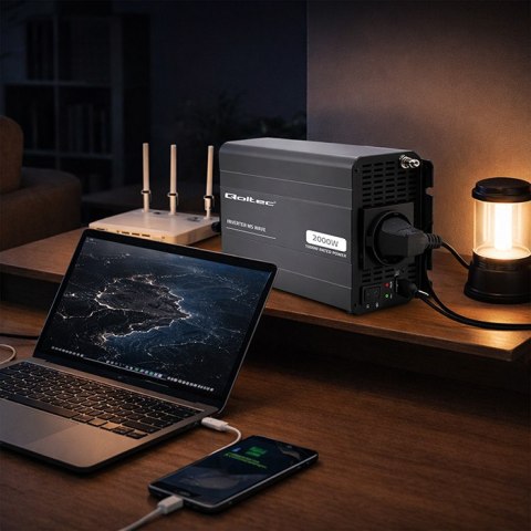 Qoltec Przetwornica napięcia MS Wave | 12V na 230V | 1000/2000W | USB | Kompatybilna z LiFePO4 GEL AGM