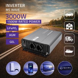 Qoltec Przetwornica napięcia MS Wave | 12V na 230V | 1500/3000W | USB | Kompatybilna z LiFePO4 GEL AGM