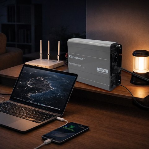 Qoltec Przetwornica napięcia MS Wave | 12V na 230V | 1500/3000W | USB | Kompatybilna z LiFePO4 GEL AGM