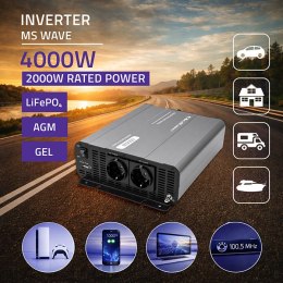 Qoltec Przetwornica napięcia MS Wave | 12V na 230V | 2000/4000W | USB | Kompatybilna z LiFePO4 GEL AGM