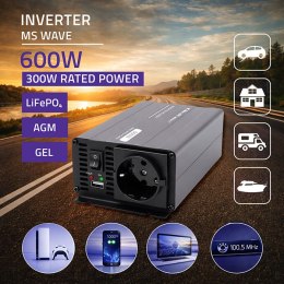 Qoltec Przetwornica napięcia MS Wave | 12V na 230V | 300/600W | USB | Kompatybilna z LiFePO4 GEL AGM