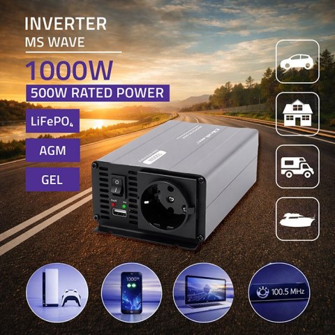 Qoltec Przetwornica napięcia MS Wave | 12V na 230V | 500/1000W | USB | Kompatybilna z LiFePO4 GEL AGM