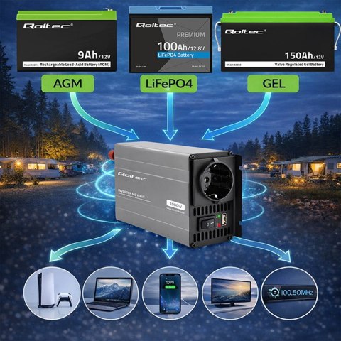 Qoltec Przetwornica napięcia MS Wave | 12V na 230V | 500/1000W | USB | Kompatybilna z LiFePO4 GEL AGM