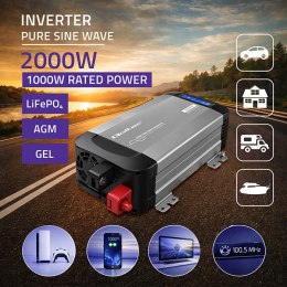 Qoltec Przetwornica napięcia Pure Sine Wave | 12V na 230V | 1000/2000W | LCD | USB | USB-C | Kompatybilna z LiFePO4 GEL AGM