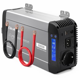 Qoltec Przetwornica napięcia Pure Sine Wave | 12V na 230V | 1000/2000W | UPS BYPASS | LCD | USB | USB-C | Kompatybilna z LiFePO4