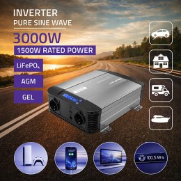 Qoltec Przetwornica napięcia Pure Sine Wave | 12V na 230V | 1500/3000W | LCD | USB | USB-C | Kompatybilna z LiFePO4 GEL AGM