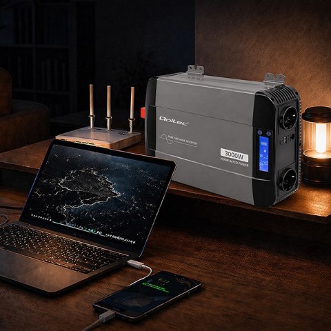 Qoltec Przetwornica napięcia Pure Sine Wave | 12V na 230V | 1500/3000W | LCD | USB | USB-C | Kompatybilna z LiFePO4 GEL AGM