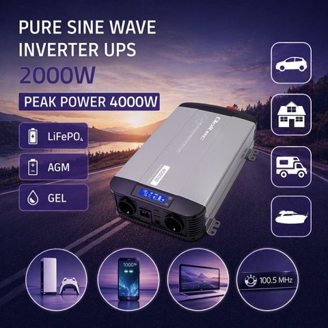 Qoltec Przetwornica napięcia Pure Sine Wave | 12V na 230V | 2000/4000W | UPS BYPASS | LCD | USB | USB-C | Kompatybilna z LiFePO4