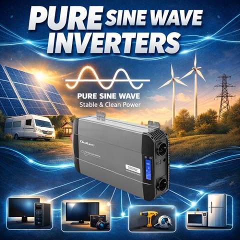 Qoltec Przetwornica napięcia Pure Sine Wave | 12V na 230V | 2500/5000W | LCD | USB | USB-C | Kompatybilna z LiFePO4 GEL AGM