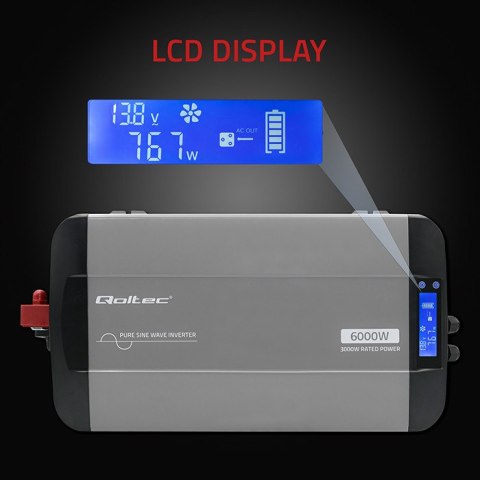 Qoltec Przetwornica napięcia Pure Sine Wave | 12V na 230V | 3000/6000W | LCD | USB | USB-C | Kompatybilna z LiFePO4 GEL AGM