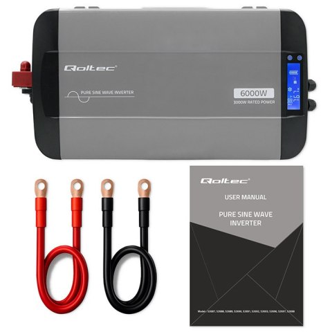 Qoltec Przetwornica napięcia Pure Sine Wave | 12V na 230V | 3000/6000W | LCD | USB | USB-C | Kompatybilna z LiFePO4 GEL AGM