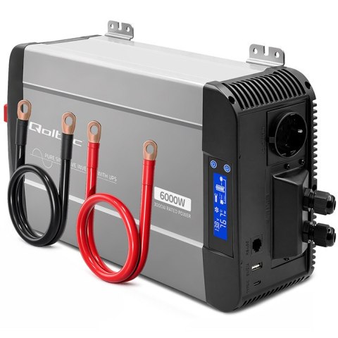 Qoltec Przetwornica napięcia Pure Sine Wave | 12V na 230V | 3000/6000W | UPS BYPASS | LCD | USB | USB-C | Kompatybilna z LiFePO4