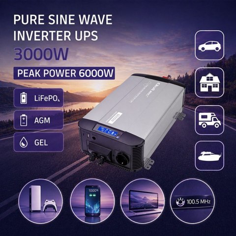 Qoltec Przetwornica napięcia Pure Sine Wave | 12V na 230V | 3000/6000W | UPS BYPASS | LCD | USB | USB-C | Kompatybilna z LiFePO4
