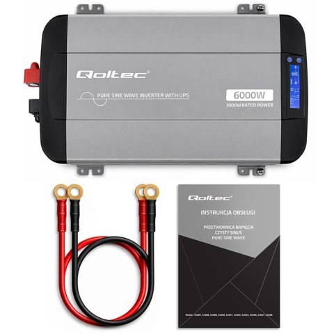 Qoltec Przetwornica napięcia Pure Sine Wave | 12V na 230V | 3000/6000W | UPS BYPASS | LCD | USB | USB-C | Kompatybilna z LiFePO4