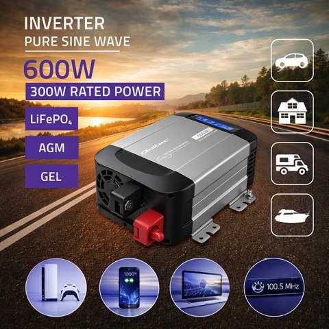 Qoltec Przetwornica napięcia Pure Sine Wave | 12V na 230V | 300/600W | LCD | USB | USB-C | Kompatybilna z LiFePO4 GEL AGM