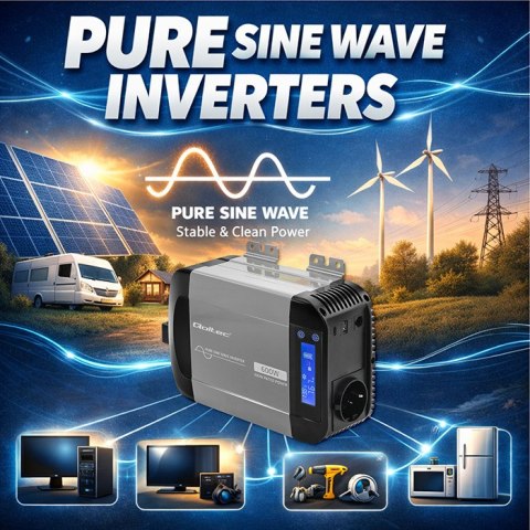 Qoltec Przetwornica napięcia Pure Sine Wave | 12V na 230V | 300/600W | LCD | USB | USB-C | Kompatybilna z LiFePO4 GEL AGM