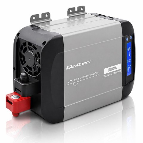 Qoltec Przetwornica napięcia Pure Sine Wave | 12V na 230V | 300/600W | LCD | USB | USB-C | Kompatybilna z LiFePO4 GEL AGM