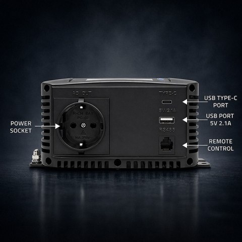 Qoltec Przetwornica napięcia Pure Sine Wave | 12V na 230V | 300/600W | LCD | USB | USB-C | Kompatybilna z LiFePO4 GEL AGM