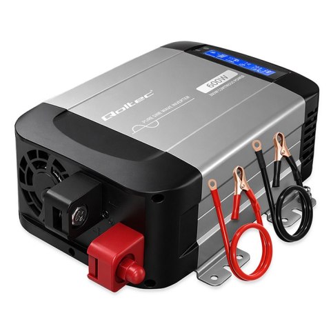 Qoltec Przetwornica napięcia Pure Sine Wave | 12V na 230V | 300/600W | LCD | USB | USB-C | Kompatybilna z LiFePO4 GEL AGM
