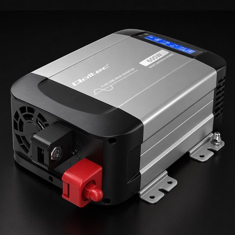 Qoltec Przetwornica napięcia Pure Sine Wave | 12V na 230V | 300/600W | LCD | USB | USB-C | Kompatybilna z LiFePO4 GEL AGM