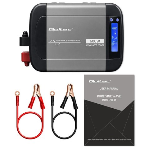 Qoltec Przetwornica napięcia Pure Sine Wave | 12V na 230V | 300/600W | LCD | USB | USB-C | Kompatybilna z LiFePO4 GEL AGM