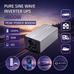 Qoltec Przetwornica napięcia Pure Sine Wave | 12V na 230V | 4000/8000W | UPS BYPASS | USB | Kompatybilna z LiFePO4 GEL AGM