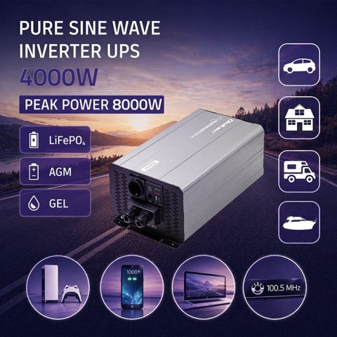 Qoltec Przetwornica napięcia Pure Sine Wave | 12V na 230V | 4000/8000W | UPS BYPASS | USB | Kompatybilna z LiFePO4 GEL AGM