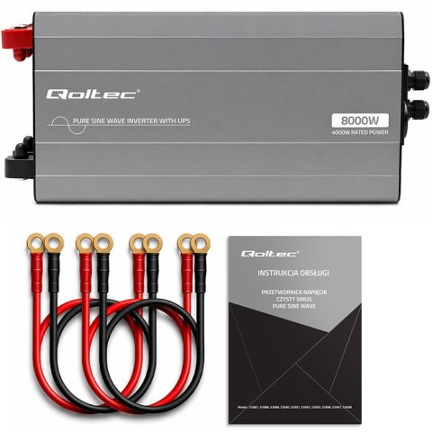 Qoltec Przetwornica napięcia Pure Sine Wave | 12V na 230V | 4000/8000W | UPS BYPASS | USB | Kompatybilna z LiFePO4 GEL AGM