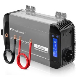 Qoltec Przetwornica napięcia Pure Sine Wave | 12V na 230V | 500/1000W | LCD | USB | USB-C | Kompatibilność z LiFePo4 GEL AGM