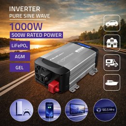 Qoltec Przetwornica napięcia Pure Sine Wave | 12V na 230V | 500/1000W | LCD | USB | USB-C | Kompatibilność z LiFePo4 GEL AGM