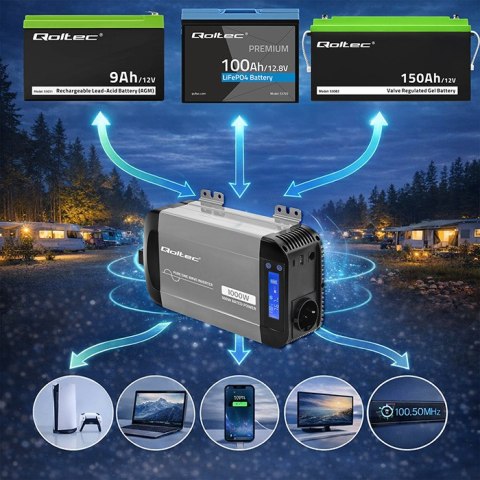 Qoltec Przetwornica napięcia Pure Sine Wave | 12V na 230V | 500/1000W | LCD | USB | USB-C | Kompatibilność z LiFePo4 GEL AGM
